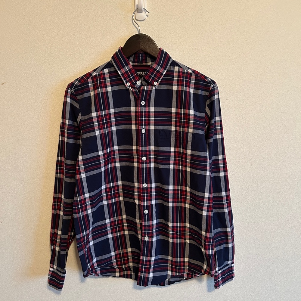 Express Men’s Navy Plaid Button-Down Shirt with Red & White Stripes